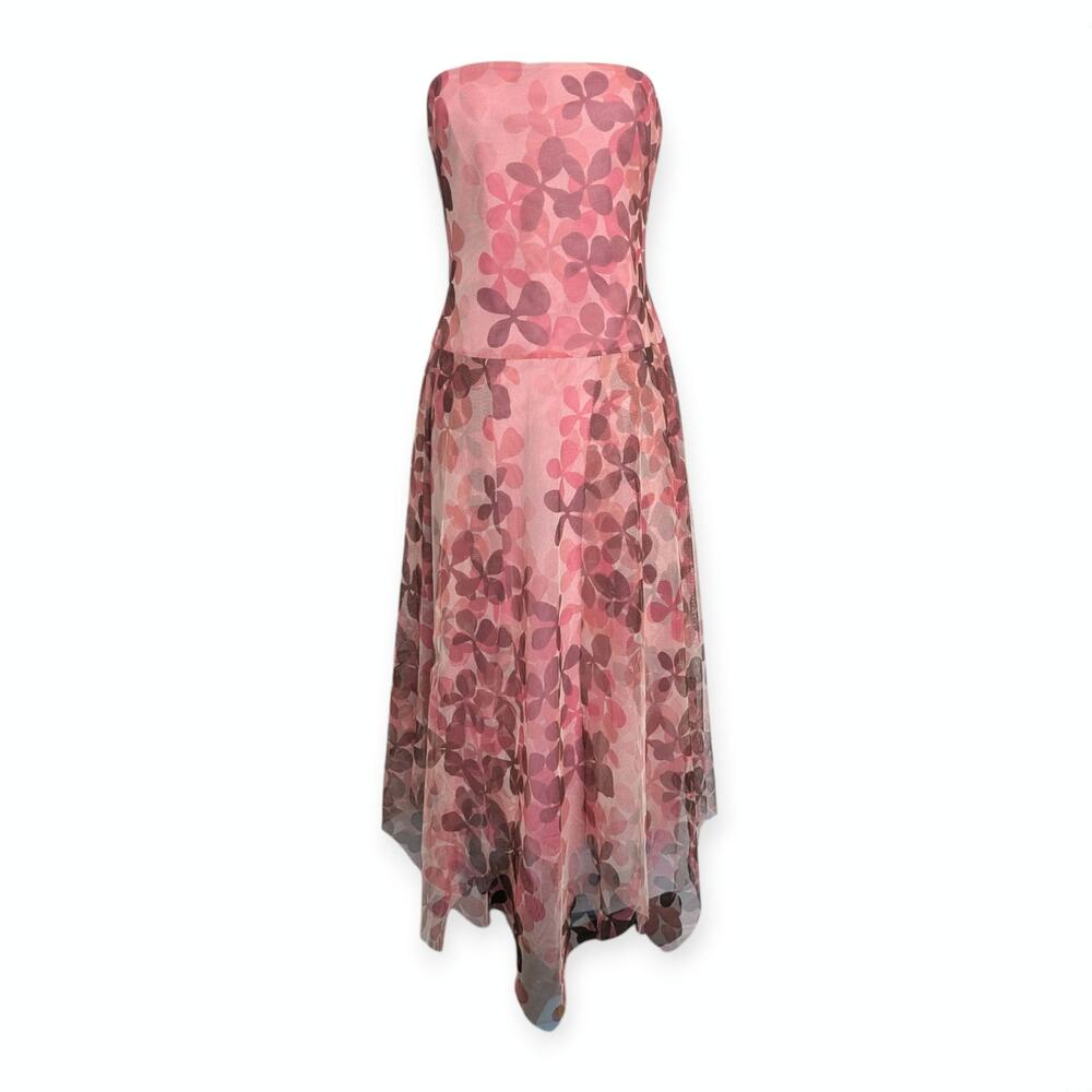 BCBG Dress Sz 8 Asymmetrical Pink Mesh Overlay Strapless Flower Power y2k